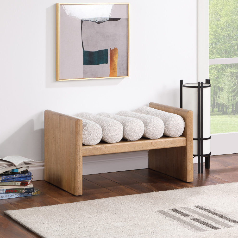 Waverly Boucle Fabric Upholstered Bench, Cream, 32" Wide, Natural Finish