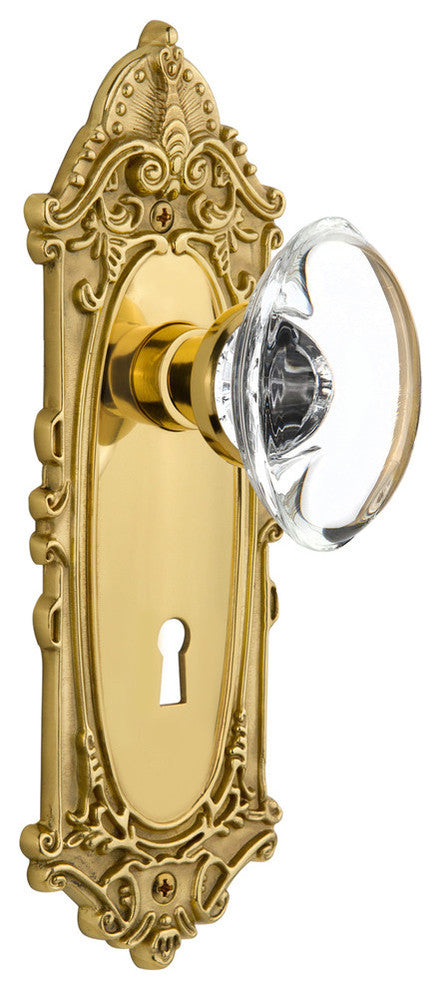 Victorian Plate With Keyhole Passage Oval Clear Crystal Knob, Unlacquered Brass