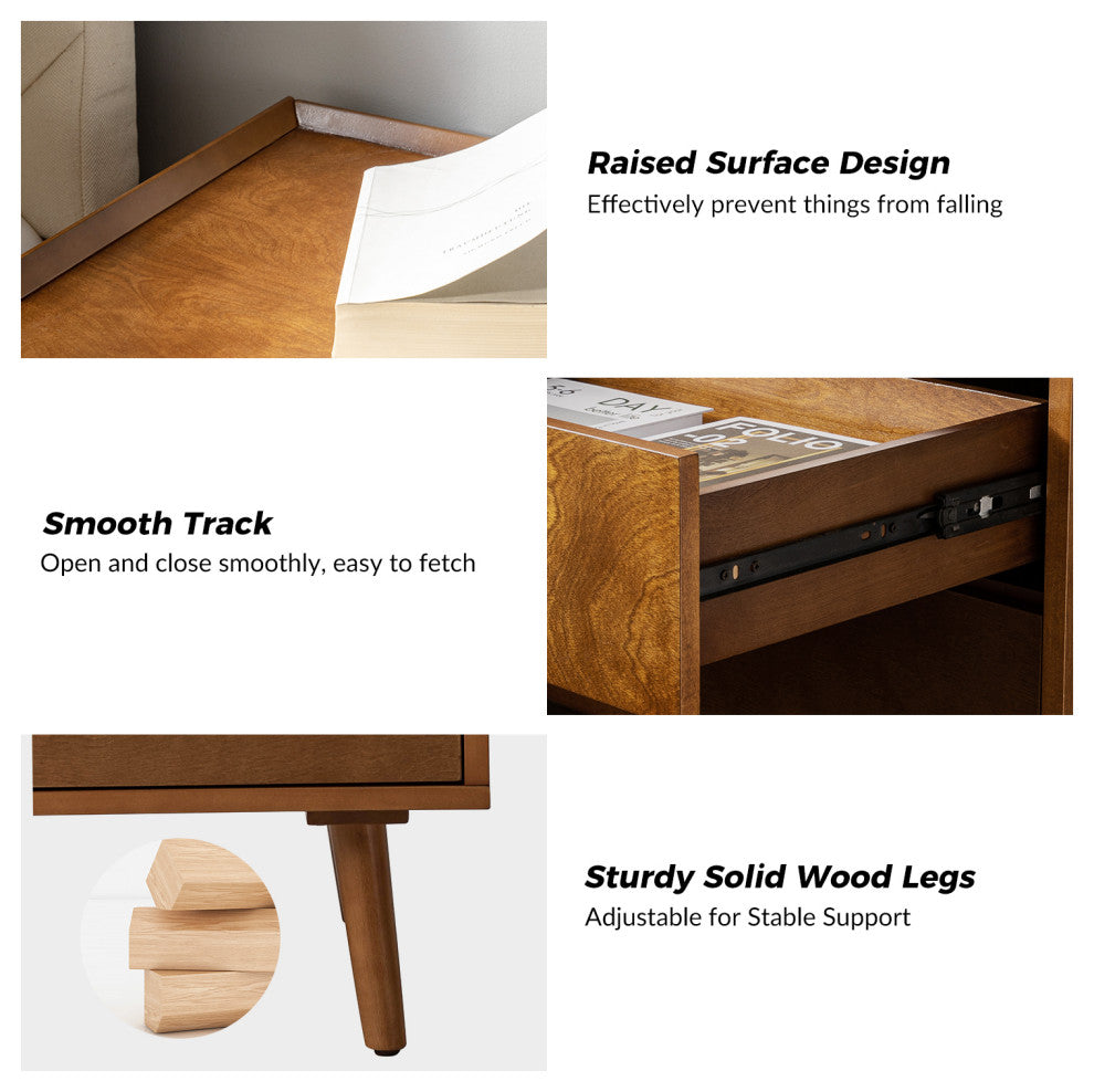 Mid-Century Modern 3-Drawer Nightstand With Charging Station, Acorn