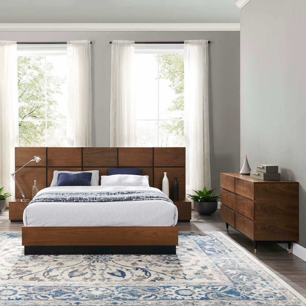 Queen Bed Dresser Chest Nightstand Set, Wood, Brown Walnut, Modern Room