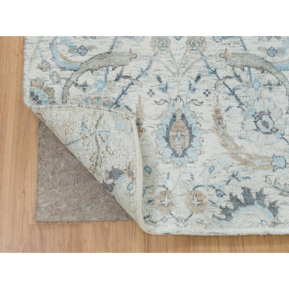 Ivory Sickle Leaf Design Silk With Wool Hand Knotted XL Runner Rug, 2'6"x20'0"