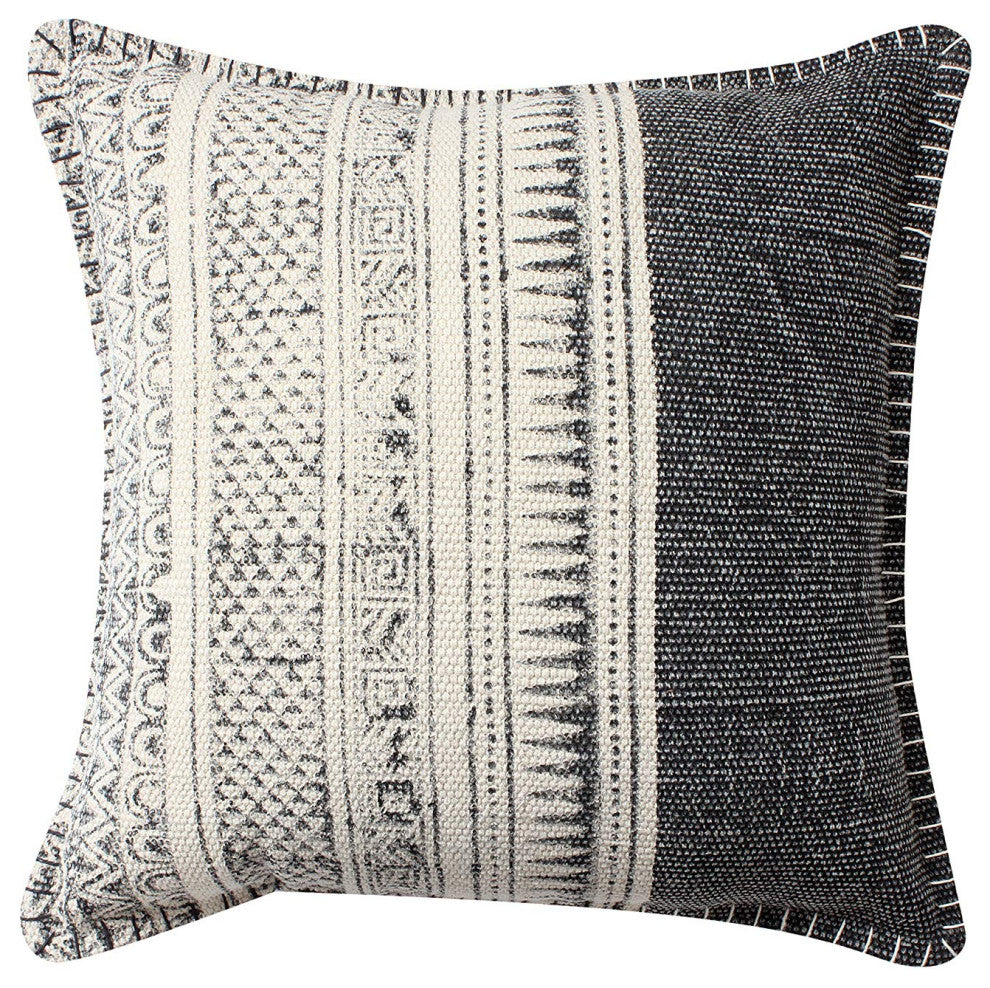 Benzara BM200554 18 x 18 HandWoven Cotton Pillow with Block Print White and Gray