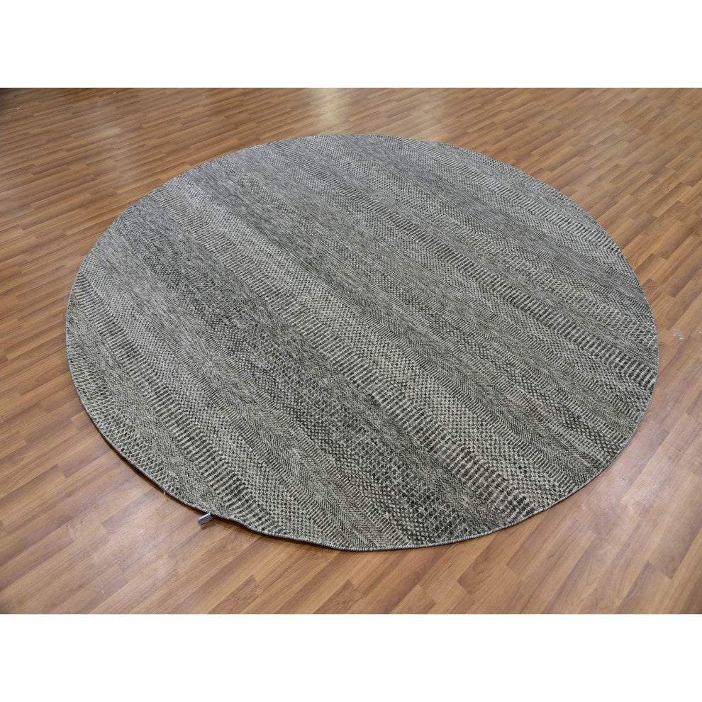 Solid Gray Hand Knotted Undyed Wool Modern Grass Design Round Rug 7'10"x7'10"