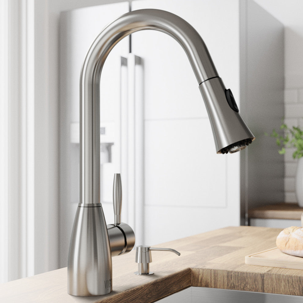 VIGO Aylesbury 16" H Single Handle Pull-Down Sprayer Kitchen Faucet, Stainless Steel, With Soap Dispenser