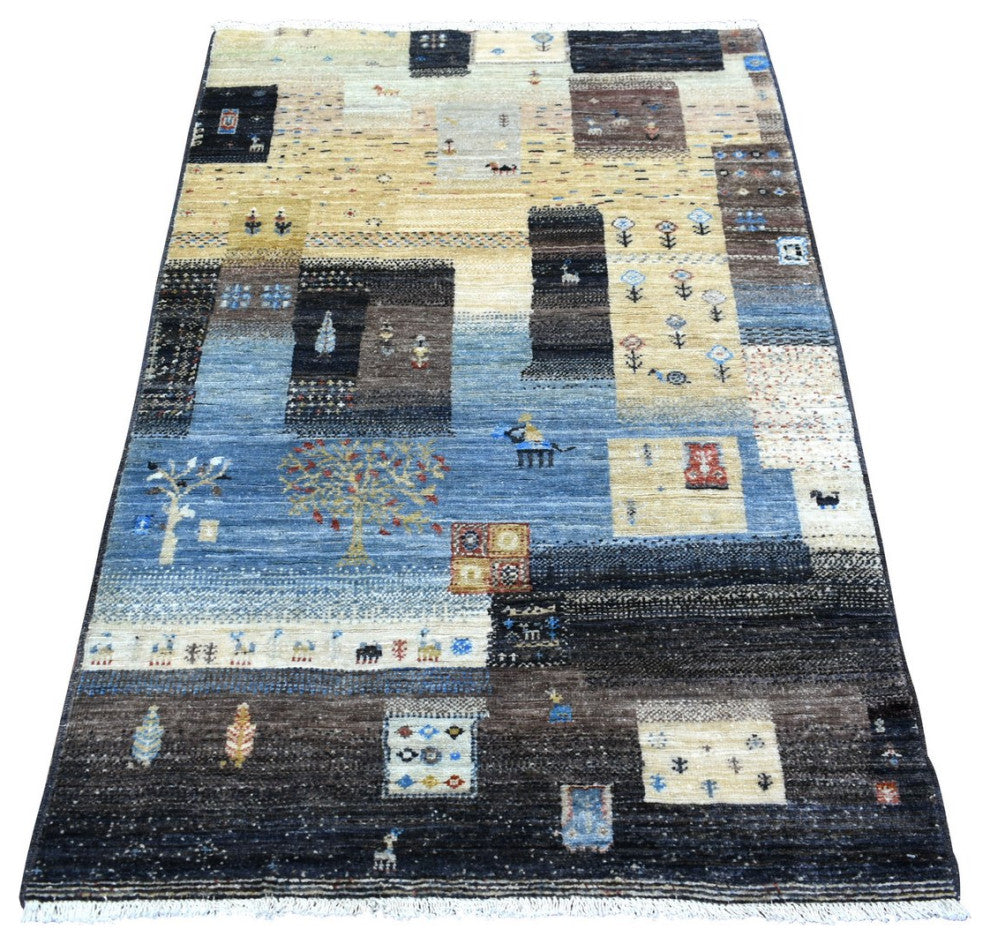 Black Afghan Kashkuli Gabbeh Hand Knotted Natural Wool Oriental Rug 3'1" x 5'0"