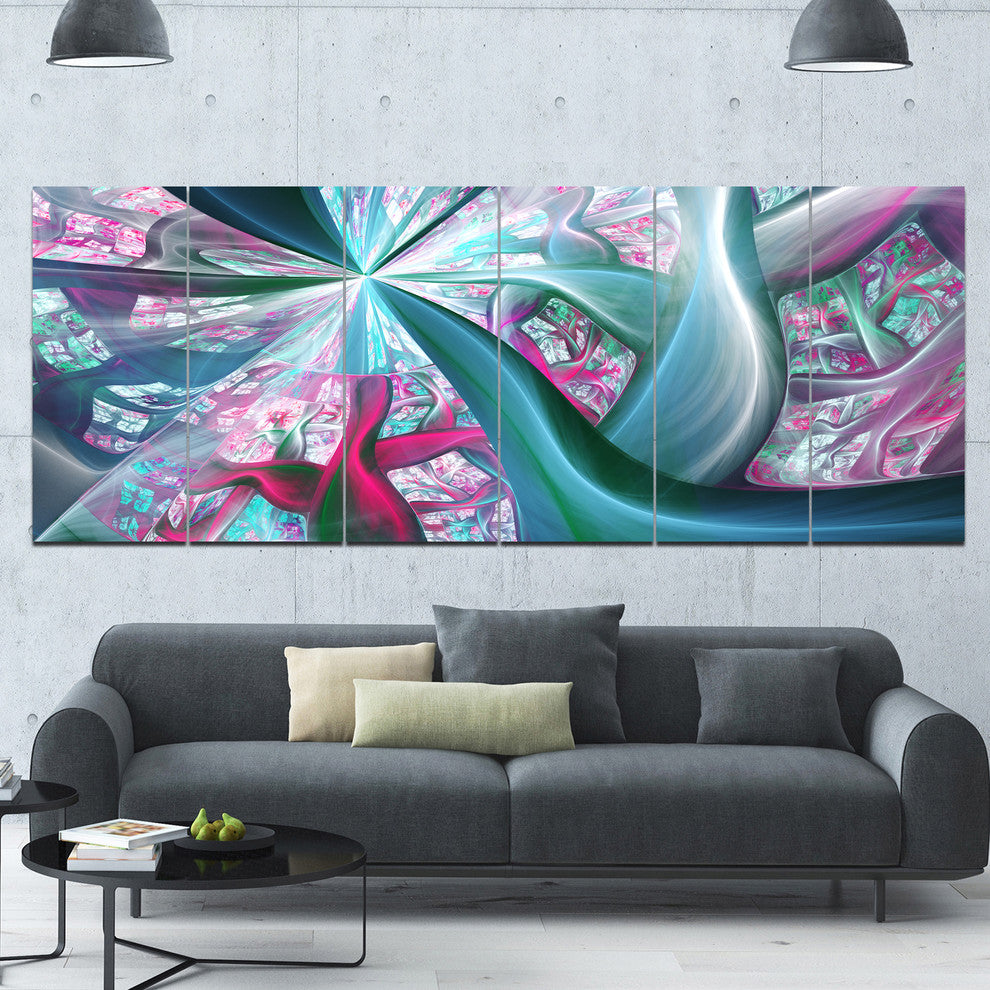 Blue Pink Fractal Plant Stems, Abstract Canvas Art Print, 70"x28", 6 Panels