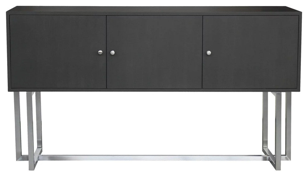 Large Sideboard, Crossed Brushed Silver Legs & 3 Storage Cabinets, Dark Gray