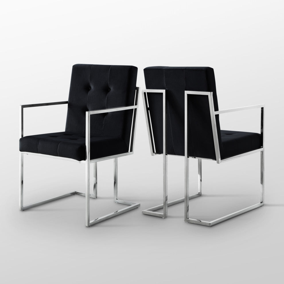 Phoebe Tufted Dining Chairs With Square Arms, Set of 2, Black Velvet