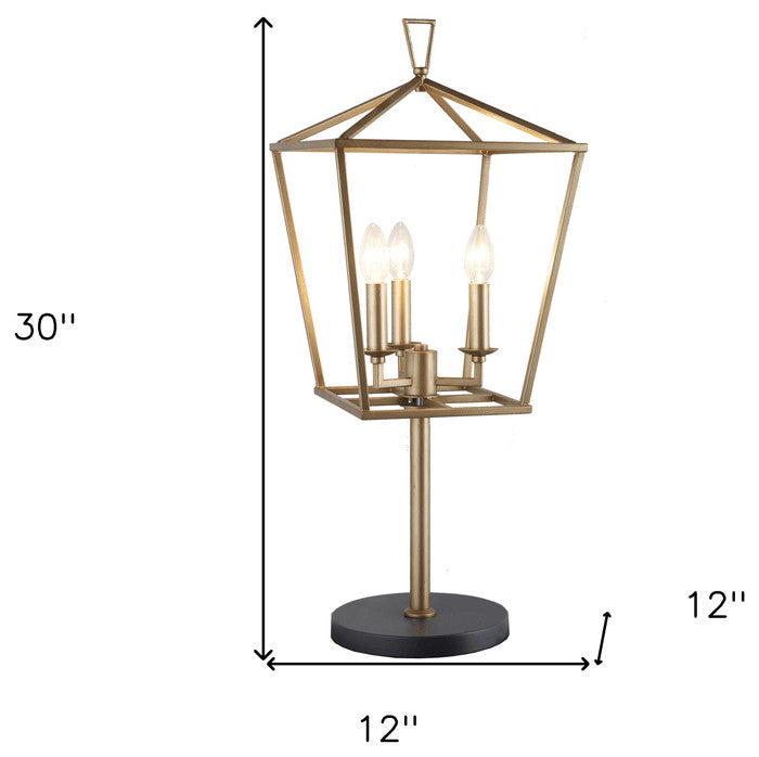 30" Black and Gold Three Light Lantern Design Table Lamp