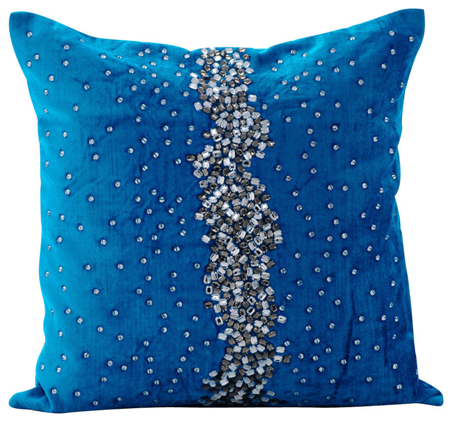 Blue Decorative Pillow Covers 22"x22" Silk, Blue Diamond Girl