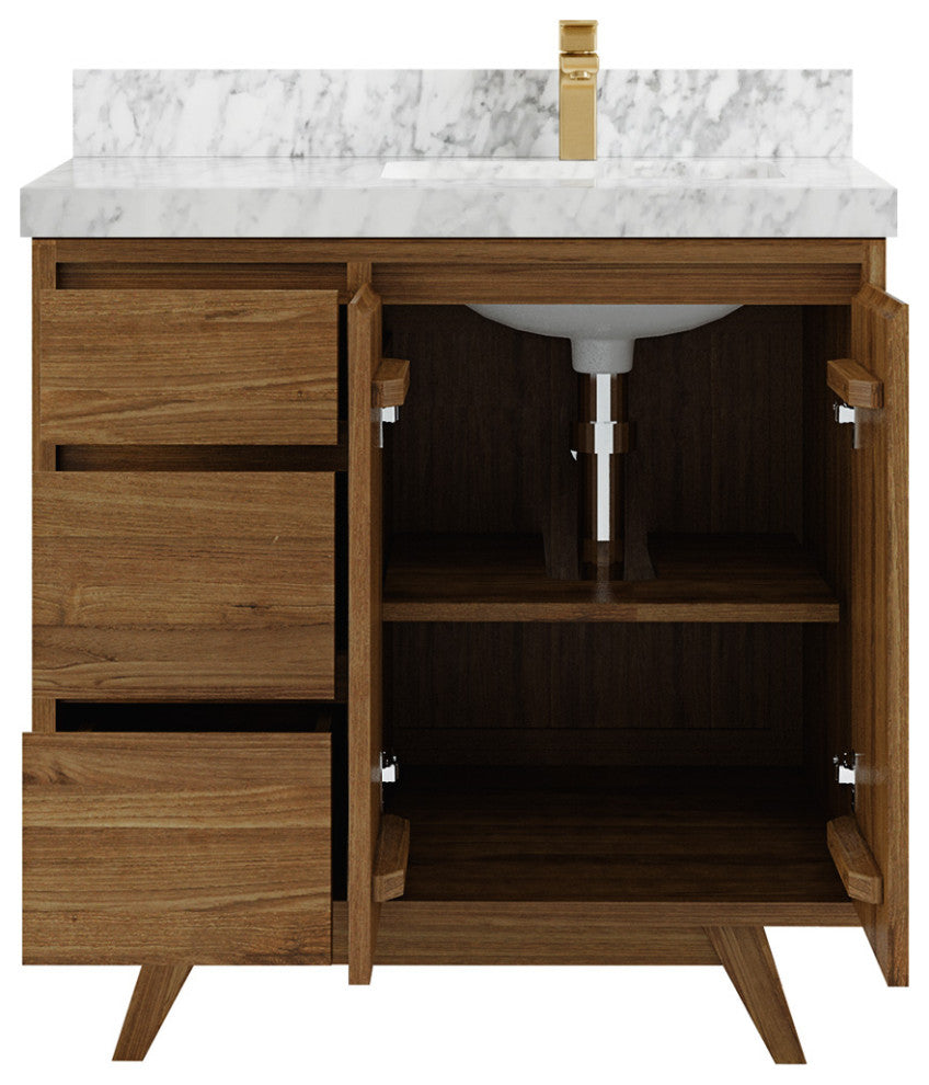 Madison Teak 36 Right Offset Bath Vanity in Dark Natural 2" Carrara Marble