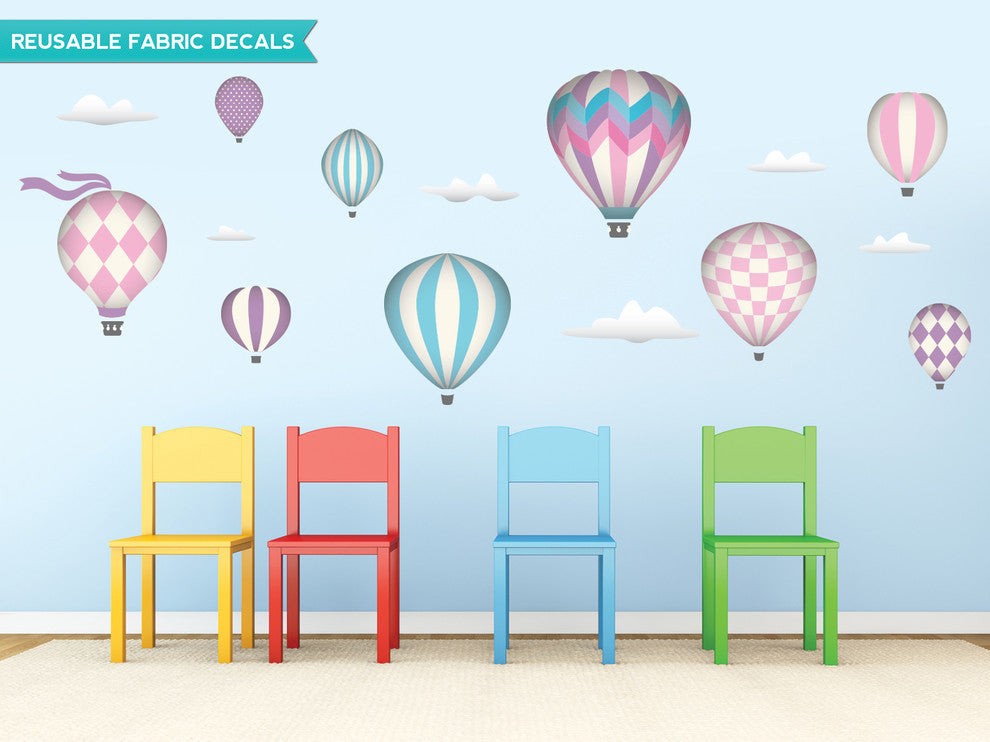 Hot Air Balloons Fabric Wall Decals, Jumbo size in Pink, Set of 9