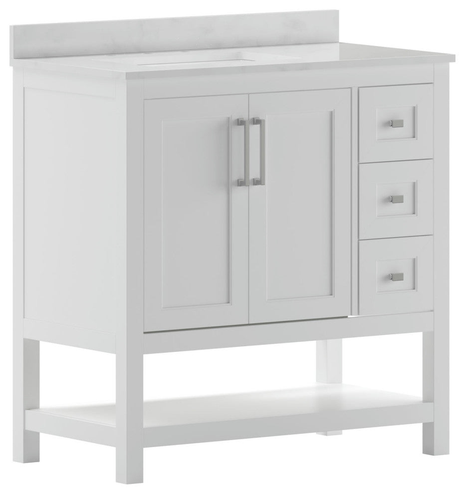 Vega Bath Vanity-Sink, Soft Close Doors, 3 Drawers, Carrara Marble Finish Top, White, 36 Inch
