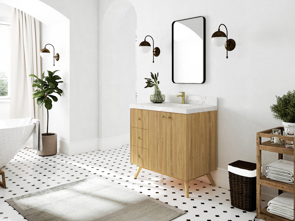 Pasadena 36 Center Sink Bath Vanity in Light Natural Teak 2" Carrara Marble