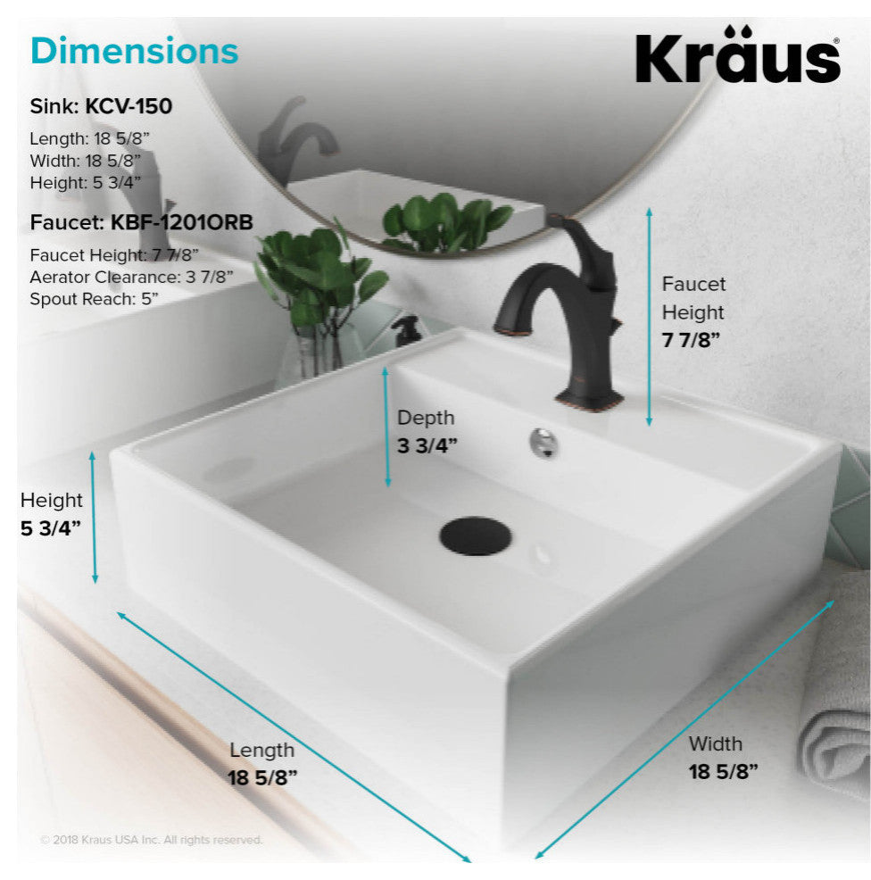 Elavo Square Ceramic Vessel Sink, Bathroom Arlo Faucet, Drain, Oil Rub Bronze