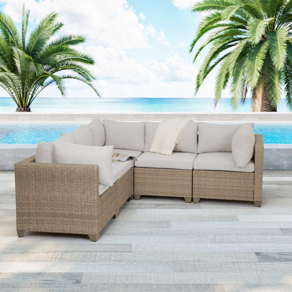 Maui 5-piece Outdoor Modular Conversation Set, 3 Corner Sofa Seats, Hazel