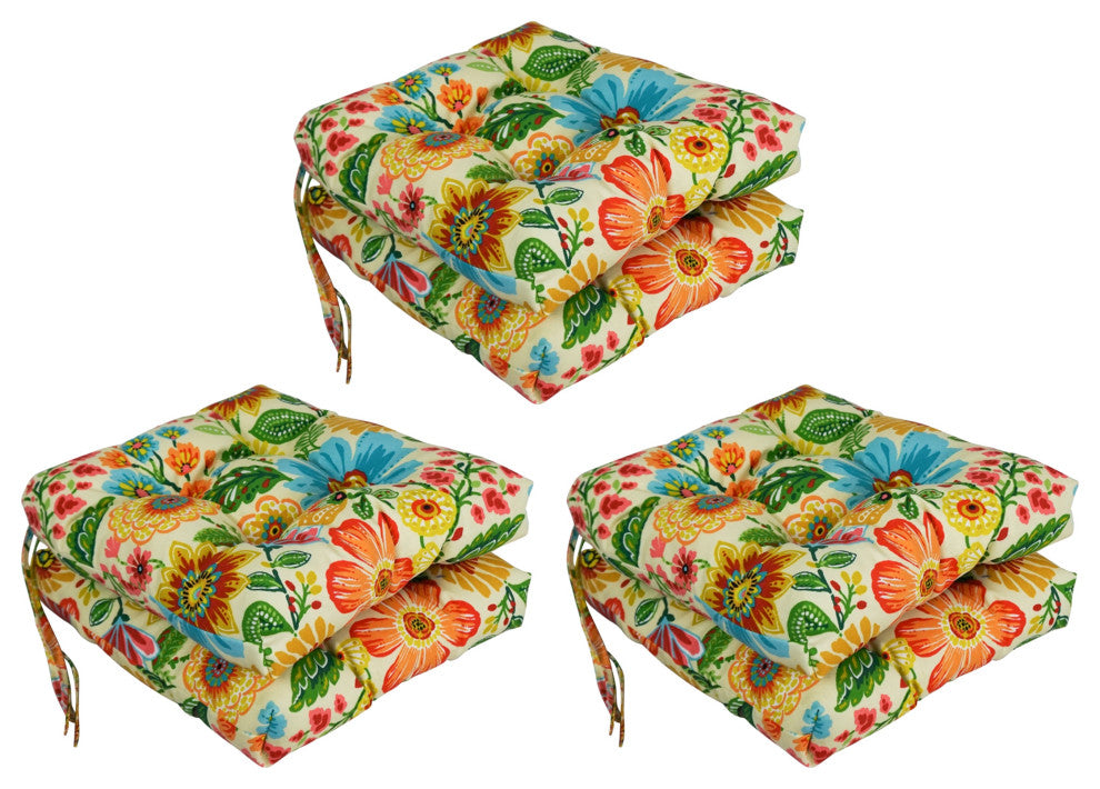 16" Patterned Outdoor Square Tufted Chair Cushions, Set of 6, Gregoire Chamomile