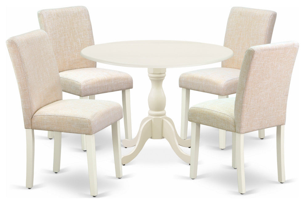 5 Pc Dining Set, 1 Drop Leaves Table, 4 Light Beige Chairs, Linen White