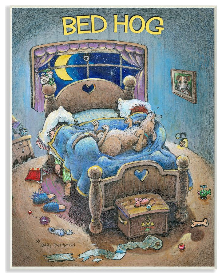 Stupell Industries Bed Hog Funny Pet Dog Cartoon Design, 10"x15", Wood Wall Art