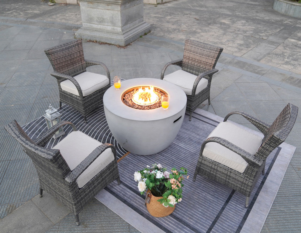 Patio Wood Coating Propane Fire Pit Table with Cushioned Chairs, Bowl