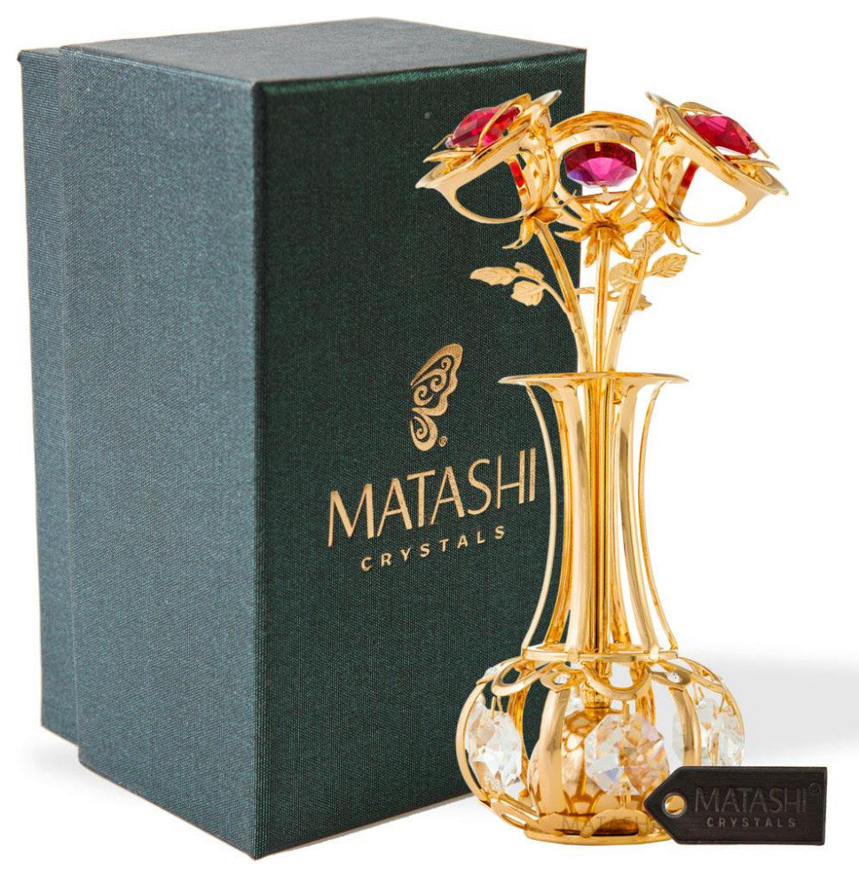 24k Gold Plated Flowers Bouquet and Vase w Red and Clear Crystals Home Decor