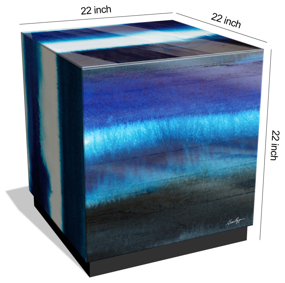 "Blue Run Off II" Reverse Printed Art Glass Side Table with Black Plinth Base