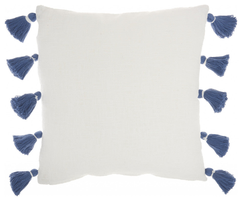 Bohemian White Cotton Accent Pillow With Blue Tassel Details
