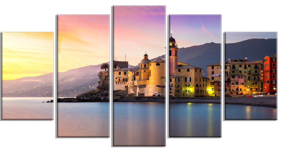 "Old Mediterranean Town at Sunrise" Large Wall Artwork, 5 Panels