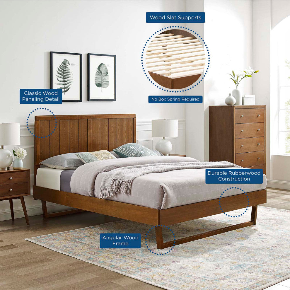 Platform Bed Frame, King Size, Wood, Brown Walnut, Modern Mid-Century, Bedroom
