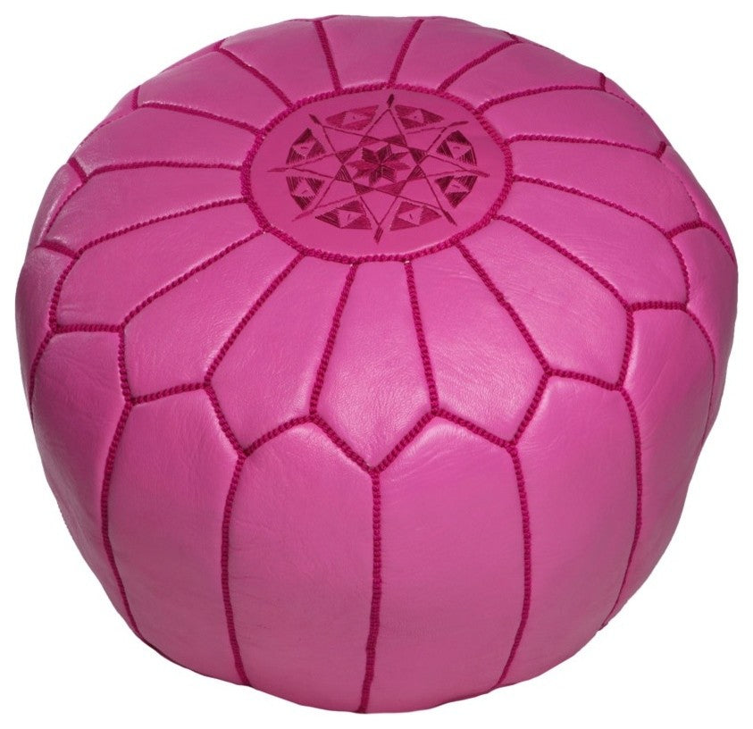 Moroccan Leather Pouf Ottoman, Fuschia, Stuffed