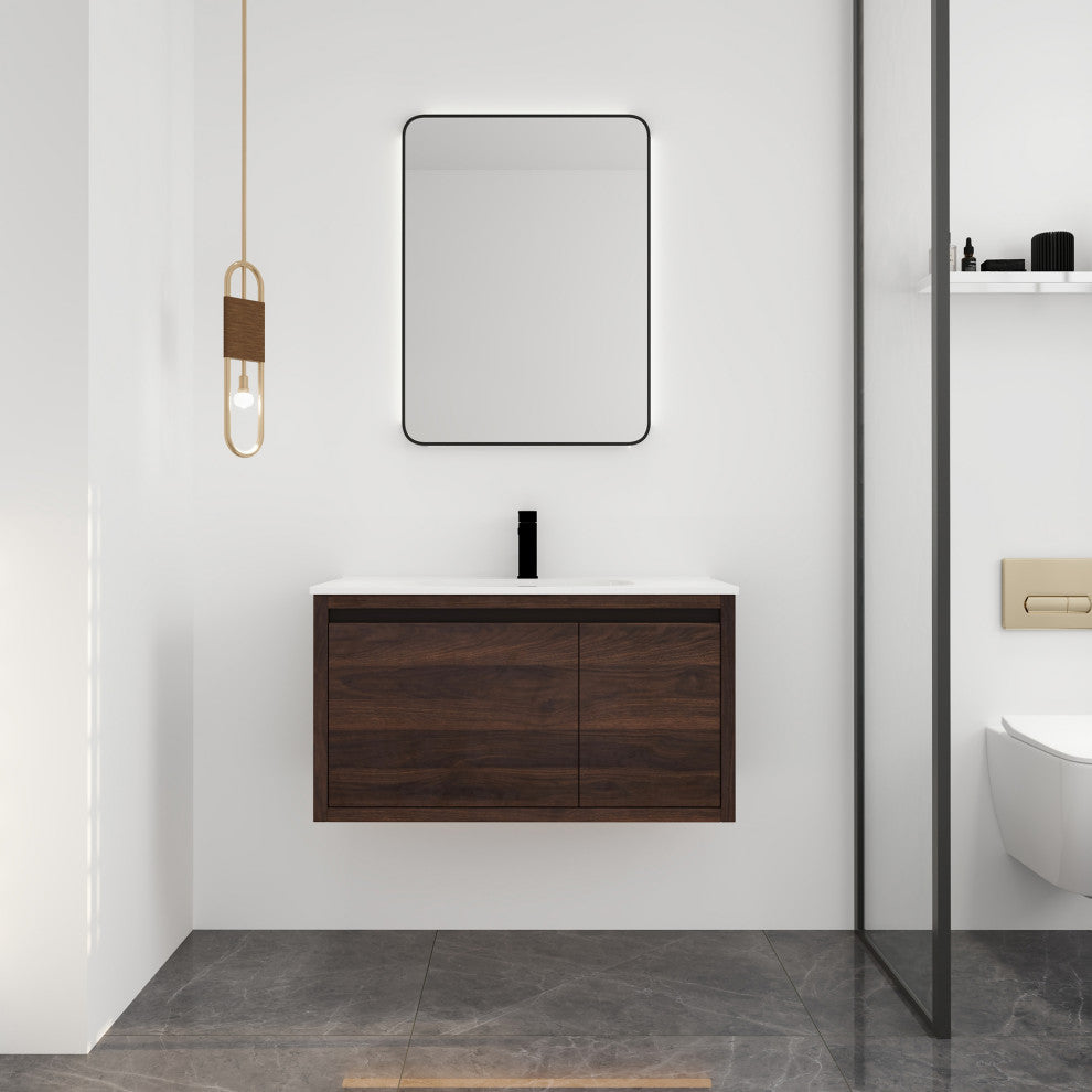 36" Plywood Wall Mounted Bath Vanity Set, Integrated Resin Sink