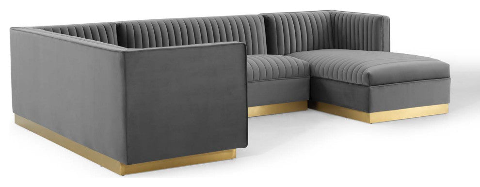 Sectional Sofa Set, Velvet, Gray, Modern, Living Lounge Hotel Hospitality
