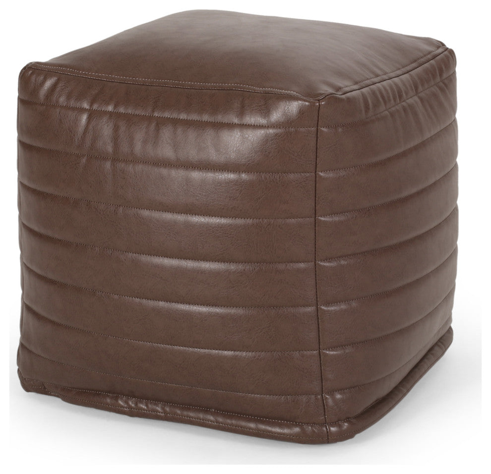 Conrail Contemporary Faux Leather Channel Stitch Pouf, Brown, Cube