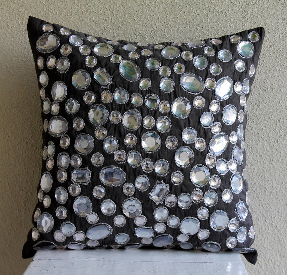 Black Decorative Pillow Covers 22"x22" Silk, We Love Bling Bling