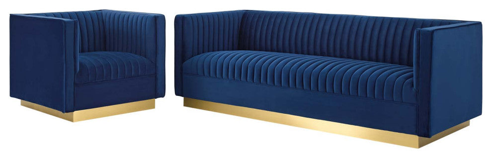 Tufted Armchair and Sofa Set, Velvet, Blue Navy, Modern, Lounge Hospitality