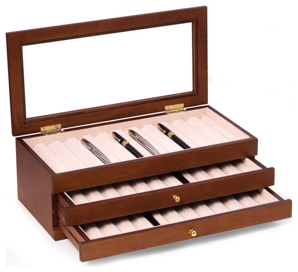 3 Level Cherry Wood 36 Pen Storage Case, Glass Top