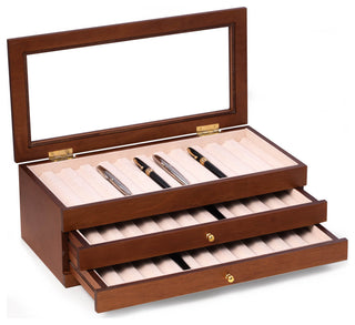 3 Level Cherry Wood 36 Pen Storage Case, Glass Top