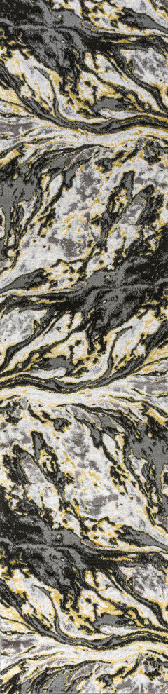 Swirl Marbled Abstract Area Rug, Black/Yellow, 2 X 8