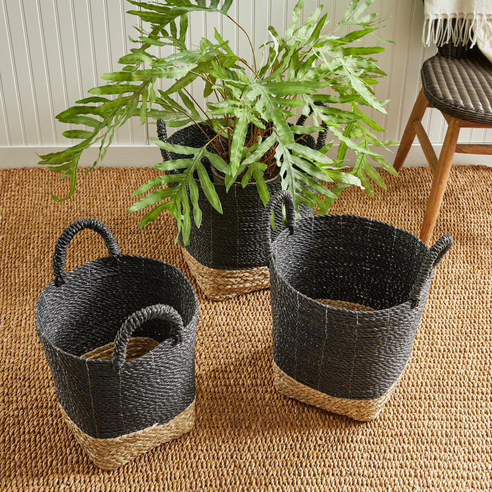 Set of 3 Contemporary Casual Natural Black Round Tote Baskets Handles Large