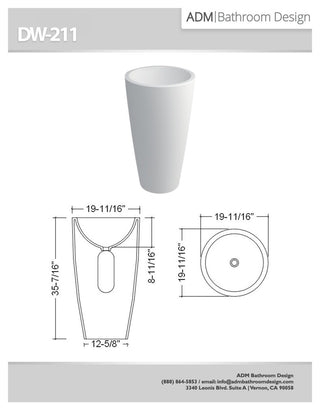 ADM Circular Freestanding Pedestal Sink, White, 20", Glossy White