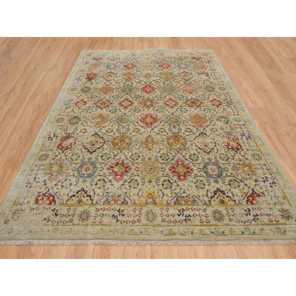 Beige, THE SUNSET ROSETTES, Hand Knotted Wool And Pure Silk, Rug, 8'2"x10'2"
