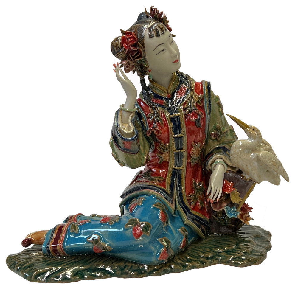 Chinese Oriental Porcelain Qing Style Dressing Cranes Bird Lady Figure Hws3087
