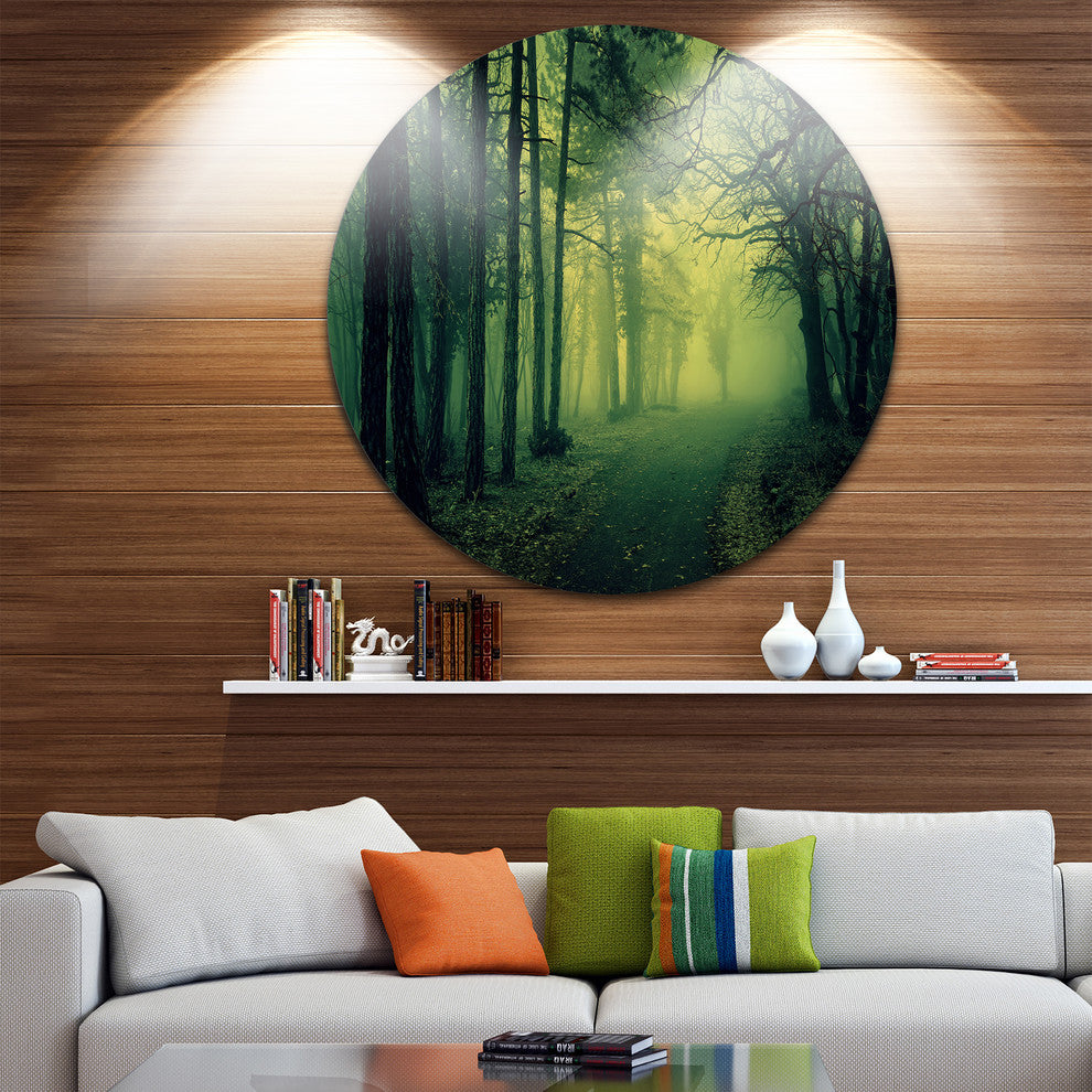 Green Light In Thick Mist Forest, Landscape Photo Round Wall Art, 23"
