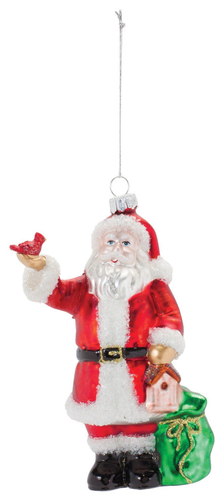 Glass Santa With Cardinal Bird Ornament, Set of 6