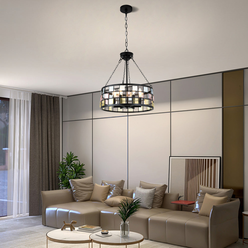 20" Modern Tiffany DIY Chandelier, 6-Light w 24" Adjustable Hanging Chain, Weathered Wood