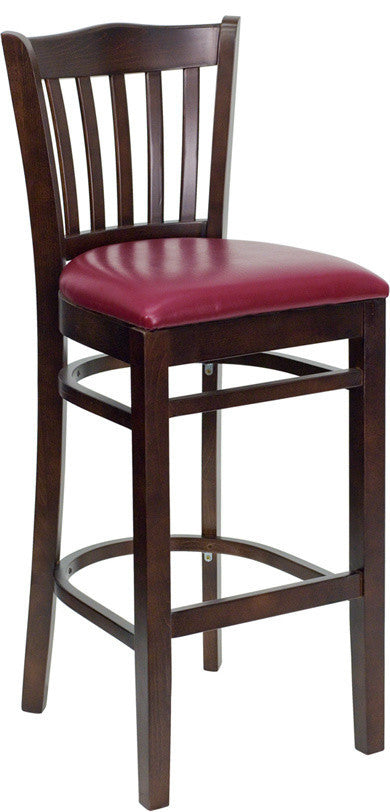 Vertical Slat Back Walnut Wood Restaurant Barstool, Burgundy Vinyl Seat