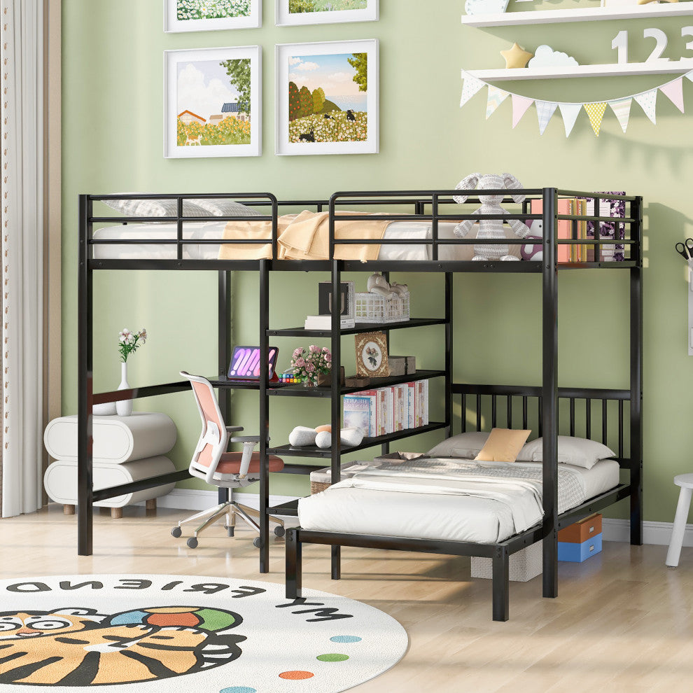 Gewnee Full Over Twin Metal Bunk Bed with Desk and Shelves in Black