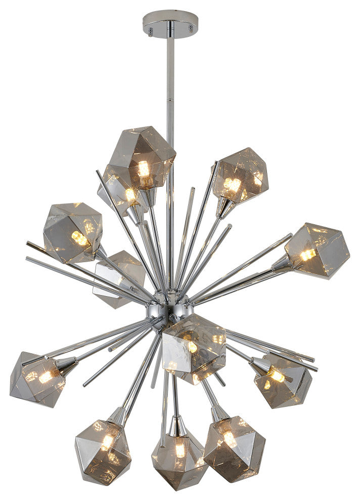 12-Light 33" Gold Metal Chandelier With Smoke Glass Shades, Chrome