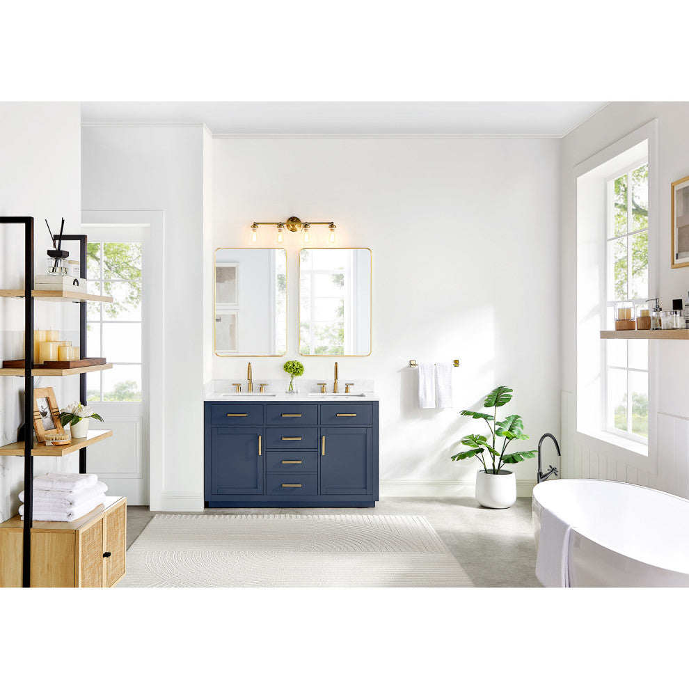 Gavino Vanity with Grain White Composite Stone Top, Royal Blue/Brushed Gold, 54", with Mirror