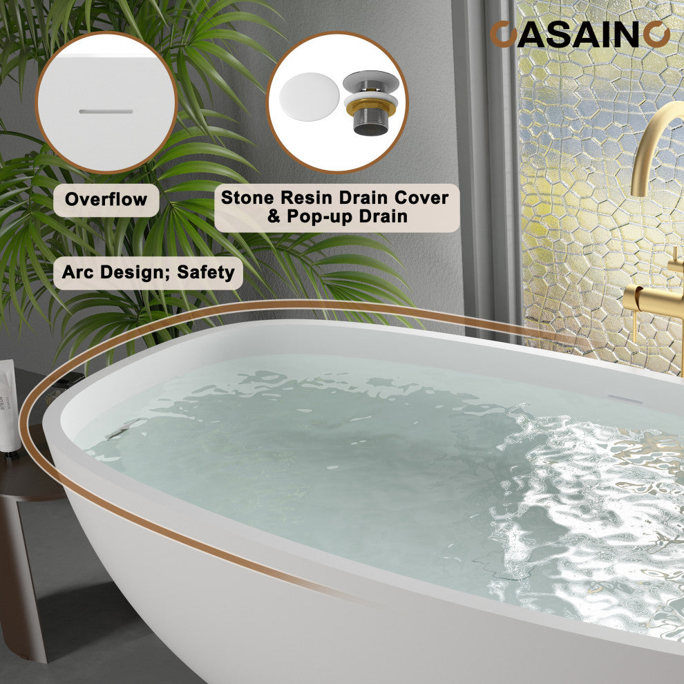 71in White Solid Surface Freestanding Soaking Bathtub with Drain